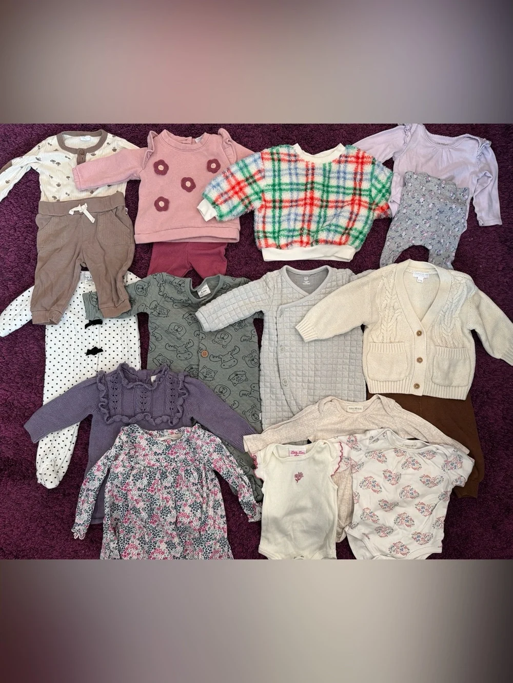 Assorted Baby Girls Clothing Lot - Pink, Purple, Cream, Gray, Green